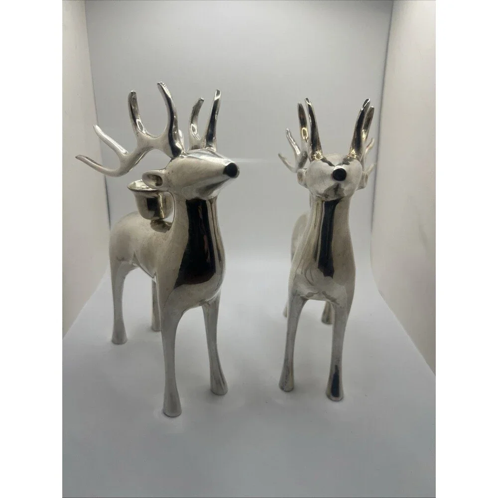 Set 2, Pottery Barn Silver Plate Reindeer Taper Candle Holder Christmas Heavy 8”